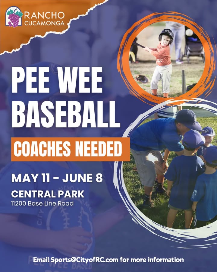 CityOfRC's tweet photo. The City of Rancho Cucamonga is seeking enthusiastic volunteers to coach our Pee Wee Baseball program, starting on Monday, May 11 through Monday, June 8. 

If you’re passionate about making a positive impact, please contact us at Sports@CityofRC.us or call 1-909-477-2795. https://t.co/8vRPZig2yZ