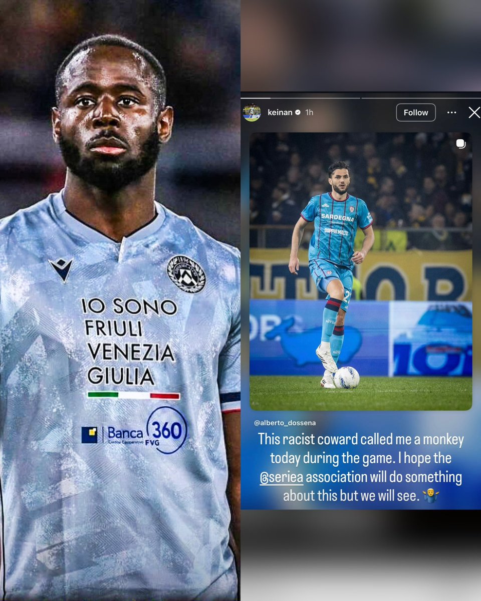 🚨🗣️ Udinese striker Keinan Davis: "This racist coward called me a monkey today during the game. I hope the Serie A association will do something about this but we will see🤷‍♂️"