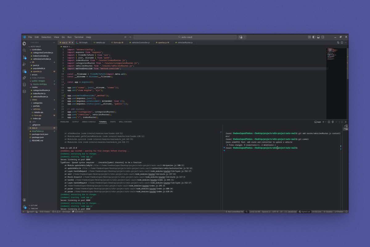 justice_codes's tweet photo. Day in the life of a self taught developer  

Added create and update functionality to my car inventory app today.  

Also found out the hard way that HTML forms don't support PUT or DELETE.  

The browser will humble you.  

Still moving!  
#TheOdinProject #FullStack https://t.co/DtL8Z904fb