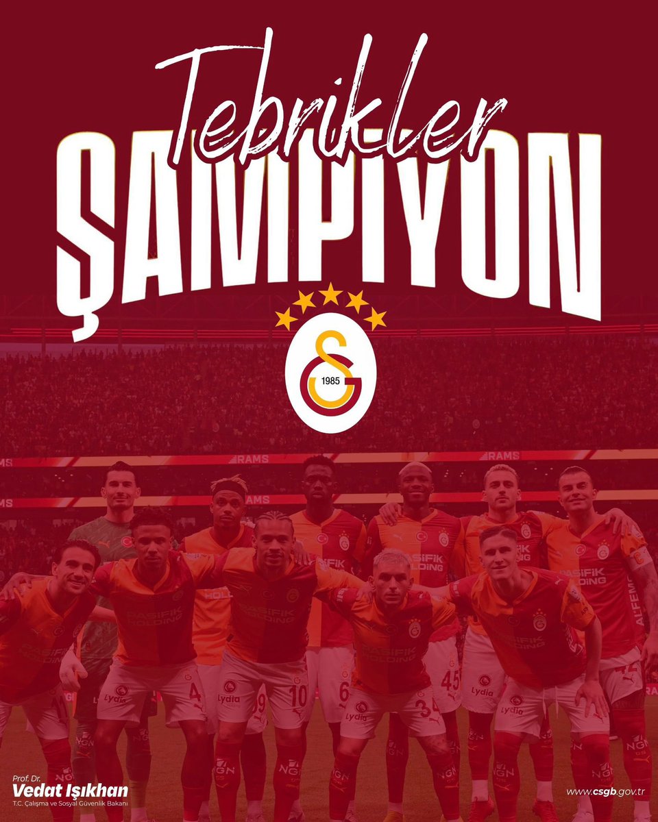 isikhanvedat's tweet photo. 2025-2026 sezonunda Süper Lig Şampiyonu olan Galatasaray Spor Kulübü’nü ve camiasını yürekten kutluyorum.🏆

Tebrikler Şampiyon!🦁
@GalatasaraySK https://t.co/PaHtWbRxMM