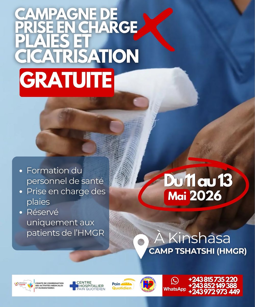 Ccamh36's tweet photo. 🌍 Santé gratuite, espoir pour tous !  
Du 11 au 16 mai 2026, Kinshasa accueille une grande campagne médicale humanitaire.
👁️ Ophtalmologie – Maluku
🦷 Dentisterie – Ngaliema
🩹 Plaies &amp; cicatrisation – HMGR
📞 Infos &amp; inscriptions : WhatsApp (+243) 815 735 220/(+243) 852 149 388 https://t.co/QYWJCLE9ws