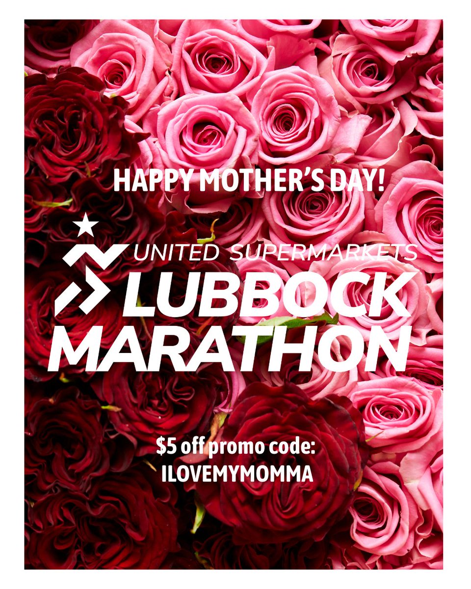 LBKMarathon's tweet photo. Be sure to take advantage of our ILOVEMYMOMMA $5 off promo code before it expires tomorrow night! 🌹#LBKMarathon #LubbockMarathon #Marathon #HalfMarathon https://t.co/ew0UXeIrWp