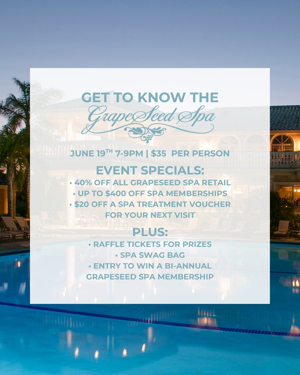 SCWinery's tweet photo. Please join us for an evening of wellness discovery at the GrapeSeed Spa!
Enjoy sparkling wine upon arrival, a guided spa tour, light appetizers, photo booth, 40% off all GrapeSeed Spa retail, up to $400 off Spa Memberships, and much more!
RSVP here! https://t.co/s5wdilVQs1 https://t.co/9F2CI61shl