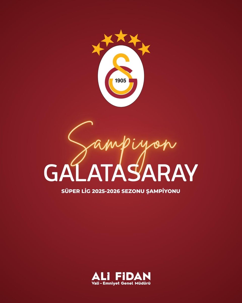 ValiFidan's tweet photo. Trendyol Süper Lig 2025-2026 sezonunda şampiyonluğunu ilan eden @GalatasaraySK futbolcularını, teknik heyetini, yönetimini, taraftarını ve tüm Galatasaray camiasını yürekten tebrik ediyorum. https://t.co/RjByoj4zZj