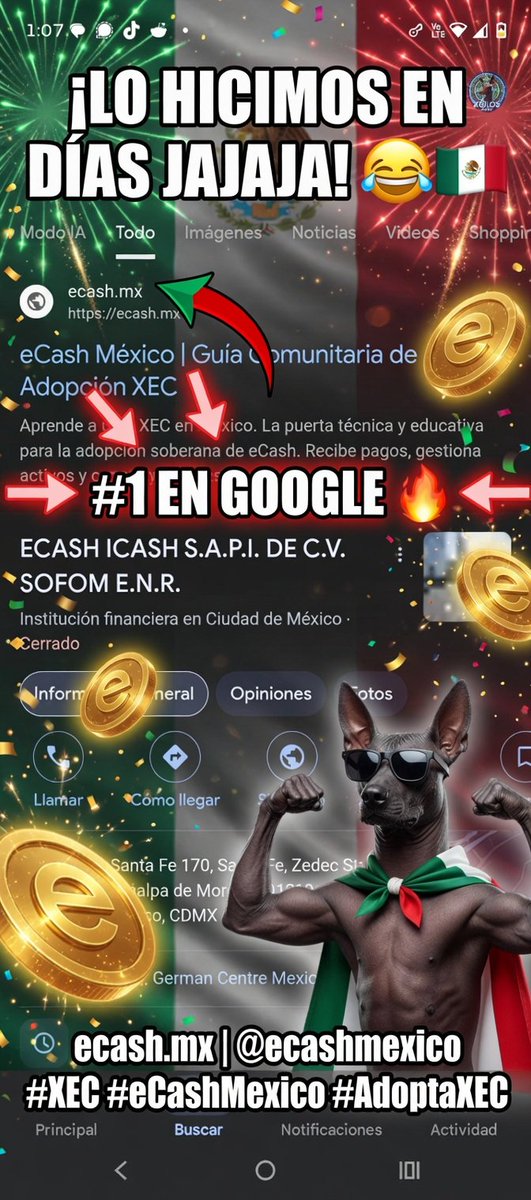 ecashmexico's tweet photo. ¡#1 en Google para “ecash mexico”… ¡en solo días! 😂🇲🇽
Lo hicimos.
https://t.co/ipx2CNWLoJ ya está en la primera posición cuando la gente busca eCash en México.
De cero a #1 en cuestión de días.
→ https://t.co/IFt0lKhCLO
#eCash #XEC #eCashMexico #CriptoMexico #AdoptaXEC https://t.co/kockpa9oHM