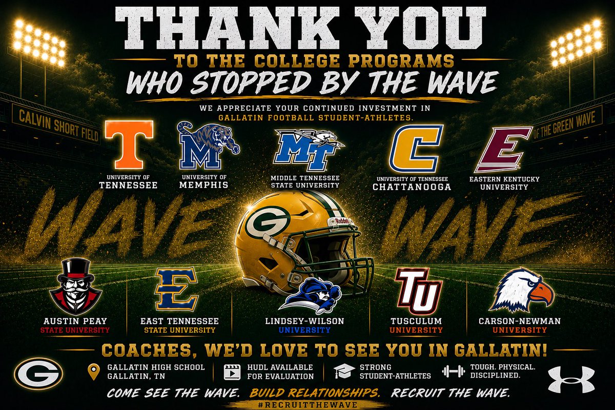 GHSWaveFootball's tweet photo. We’re excited to continue building relationships with college programs and showcasing the talent, character, and toughness of our student-athletes.

Thank you to the coaches who have stopped by this spring — and we’d love to have more programs come through Gallatin Football. https://t.co/lrGqOAMZNj