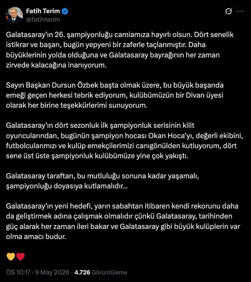 demarkesports's tweet photo. Fatih Terim: "Galatasaray’ın yeni hedefi, yarın sabahtan itibaren kendi rekorunu daha da geliştirmek adına çalışmak olmalıdır çünkü Galatasaray, tarihinden güç alarak her zaman ileri bakar ve Galatasaray gibi büyük kulüplerin var olma amacı budur." https://t.co/zh6ndvksNR