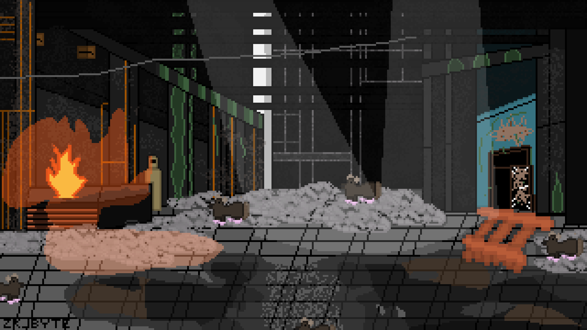 ZK_Byte92's tweet photo. Nuevo escenario, una fábrica en ruinas, la verdad no tengo practica sobre la oscuridad en si de esta clase de escenarios, podría usar una herramienta o programa para darle oscuridad en general, pero así está bien. https://t.co/vDitPHCuPQ