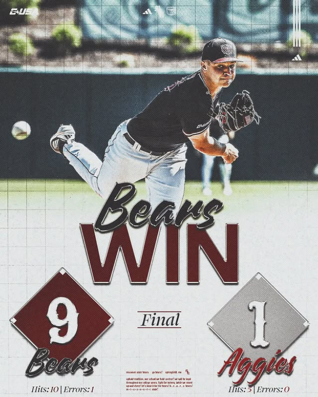MoStateBSB's tweet photo. BEARS WIN

Mo  State wins its final game at Route 66 Stadium of the year, behind a  6.1 inning gem from Brock Lucas and a 5 RBI game from Taeg Gollert.

#GoBears | #WeAreMoState https://t.co/aq8G2iSgDH