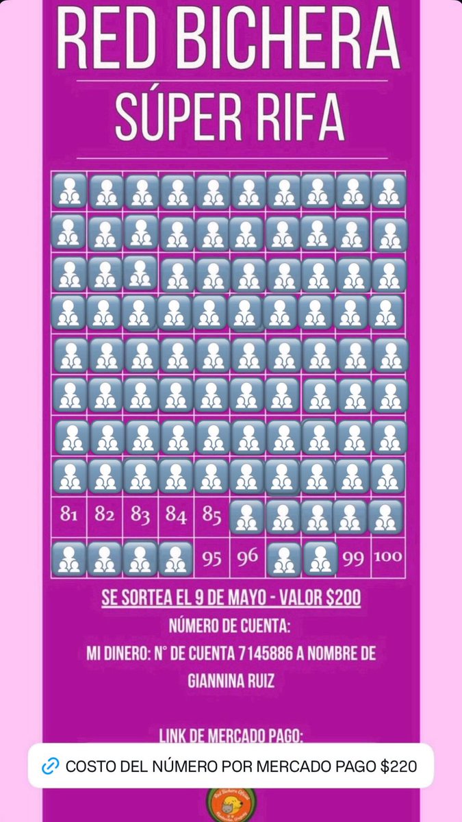 redbicheraof's tweet photo. Quedan 9 números nos ayudas a venderlos todos 🙏🐾
El domingo realizamos el sorteo de la rifa por el día de la madre y  necesitamos recaudar el total
$200
https://t.co/ao8fcoCwu7
📲MI DINERO-7145886
📲 BR0U 000882841 00002 https://t.co/rW1Td1gk17