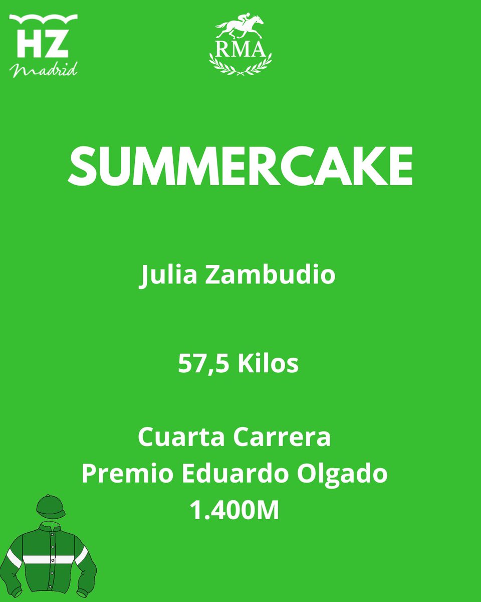 RMARacingHorses's tweet photo. Mañana en @HipodromoMadrid 

🐴 SUMMERCAKE
🧢 Julia Zambudio @julia_zambudio 
👕 JFC

🐴 ARISTOCRATA 
🧢 Jaime Gelabert @jgelabertb 
👕 Mediterraneo

#RMA #RMATeam #ElHogarDelPuraSangre https://t.co/BMLHxRnNPc