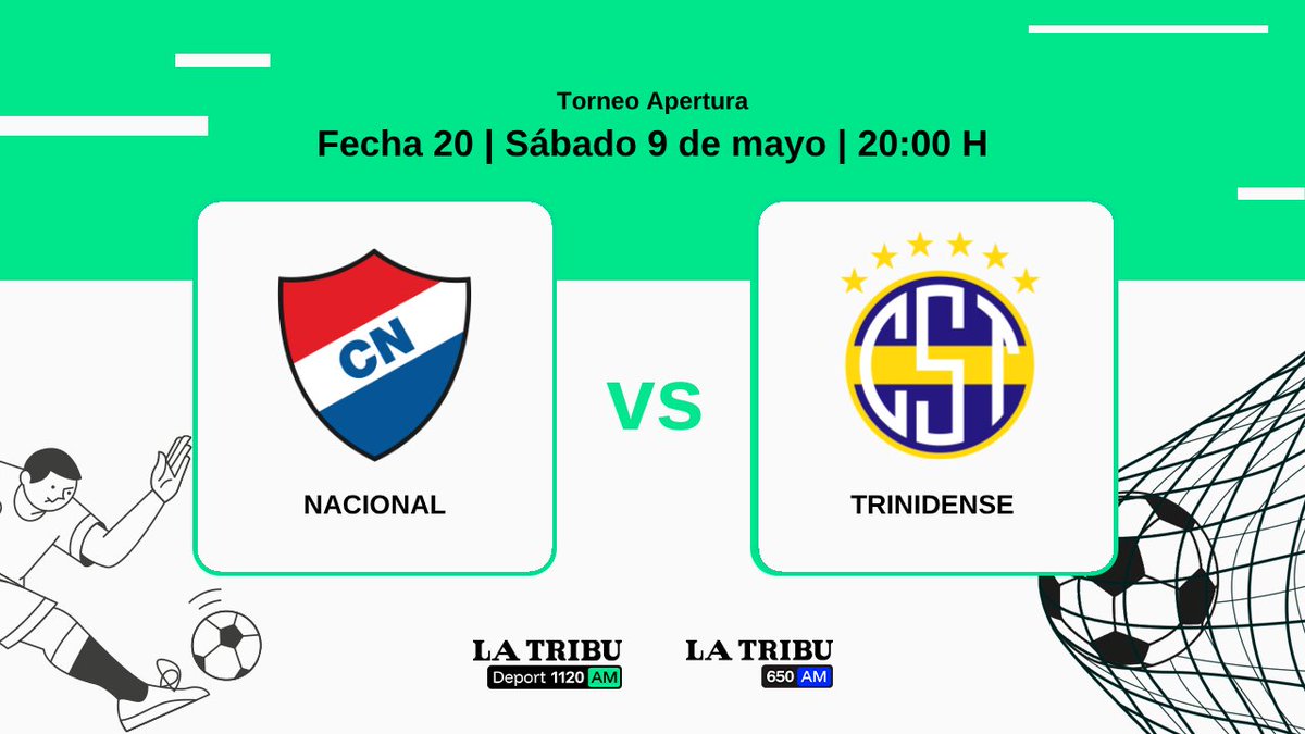 latribu1120am's tweet photo. #SuperDeport con otra fecha del Apertura!⚽️

📻Sumate a la transmisión de los partidos de este sábado por la #1120AM:

✅17:45 #2deMayo 🆚 #RubioÑu
✅20:00 #Nacional 🆚 #Trinidense

🎙️Coordinación: @Guillermocaba 

🔴Youtube: https://t.co/RPYfSNIuPE https://t.co/FRAdltgVwX