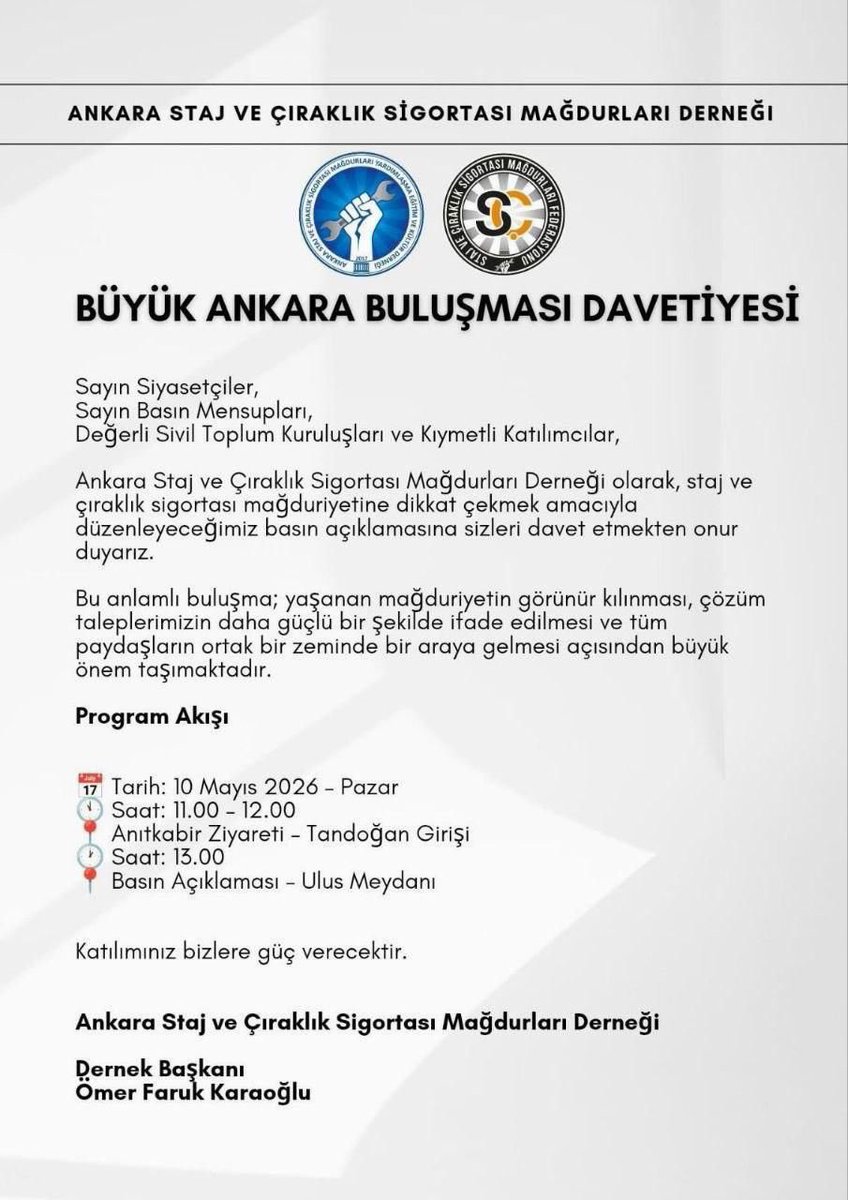 stajcirak3434's tweet photo. 🇹🇷 10 Mayıs’ta Ulus Ankara’da Tek Ses Olacağız!

@RTErdogan 
@eczozgurozel 
@dbdevletbahceli 
@yavuzagiraliog 
@erbakanfatih 
@umitozdag 
@MDervisogluTR 
@alibabacan 
@Ahmet_Davutoglu 
@remzicayir 
@TBMMresmi
@TBMMGenelKurulu
@Akparti
@MHP_Bilgi
@bbpgenelmerkez
@DSPGenelMerkez
@herkesicinCHP
@iyiparti
@rprefahpartisi
@YeniYolTBMM
@devapartisi
@GelecekPartiTR
@SaadetPartisi
@_DemokratParti
@anahtarparti
@zaferpartisi
@MemleketimParti
@iloankara
@EUDelegationTur

Yıllarca “çalıştınız ama sayılmadınız” denilen stajyerler ve çıraklar artık hakkını istiyor!

Okul sıralarından atölyelere, sanayilere, fabrikalara gönderilen; üretimin içinde alın teri döken milyonlar bugün adalet çağrısı yapıyor.

💢Biz bu ülkenin emeğiyiz…
💢Biz bu ülkenin görünmeyen işçileriyiz…

Ve artık görmezden gelinmek istemiyoruz!

10 Mayıs’ta Ulus Ankara’da buluşarak;
emeğimizi, gençliğimizi ve yıllardır süren mağduriyetimizi hep birlikte haykıracağız.

Bu çağrı sadece stajyerlerin ve çırakların değil, adalete inanan herkesin çağrısıdır.

Tüm Türkiye’ye sesleniyoruz‼️
Bir gün değil, yıllardır verilen emeğin yanında olun!

Ulus Ankara’da yükselen bu sese kulak verin!

📍 Yer: Ulus / Ankara
📅 Tarih: 10 Mayıs
✊ Çünkü emek unutulmaz, hak vazgeçilmezdir!

#StajyerÇırakDiyorki
#SaraylarSizinUlusBizim