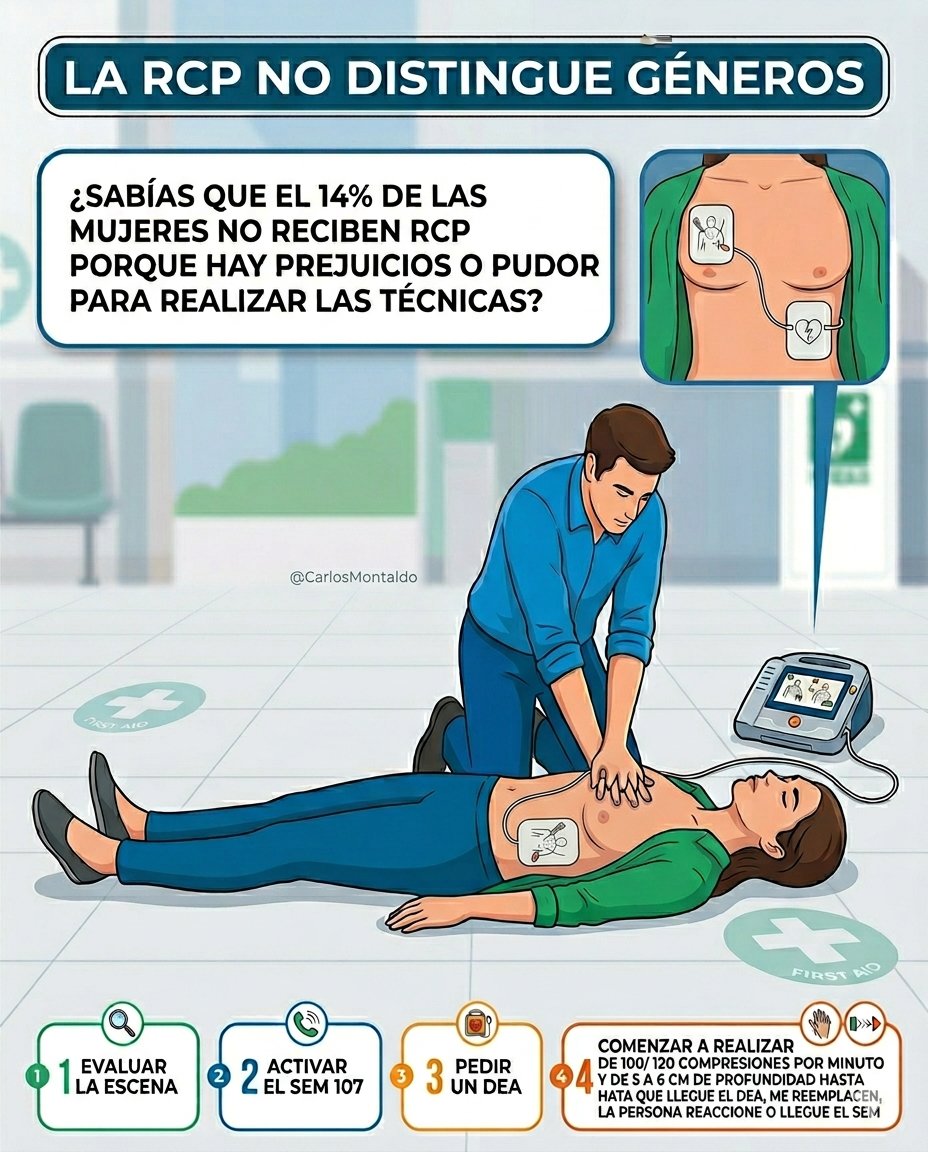 RCPTraining's tweet photo. 🚨 ¿Sabías que las mujeres tienen un 14% menos de probabilidades de recibir RCP en la calle que los hombres?

​El pudor y los mitos están costando vidas. Es hora de hablar claro sobre la reanimación en mujeres. 🧵👇

​1️⃣ La prioridad es la vida. Ante un paro cardíaco, cada segundo cuenta. No demores las maniobras por miedo al contacto físico o a "exponer" el cuerpo. El protocolo de compresiones es el mismo para todos. ⚡

​2️⃣ ¿Y el uso del DEA? No es necesario quitar el sostén/corpiño si no interfiere con los parches. La clave es colocarlos correctamente: uno bajo la clavícula derecha y otro en el costado izquierdo (línea axilar). 🚑

​3️⃣ Protocolo mata prejuicio. Si el sostén no molesta, se deja. Si interfiere, se desplaza o corta rápidamente. Pero el mensaje es uno solo: El pudor no salva vidas, la acción inmediata sí.

​¡Capacitate y ayudanos a difundir! La RCP no tiene género. 👫

​#RCP #PrimerosAuxilios #SalvaVidas #Mujeres #DEA #MundoEmergencias #Salud #RcpSinMiedo