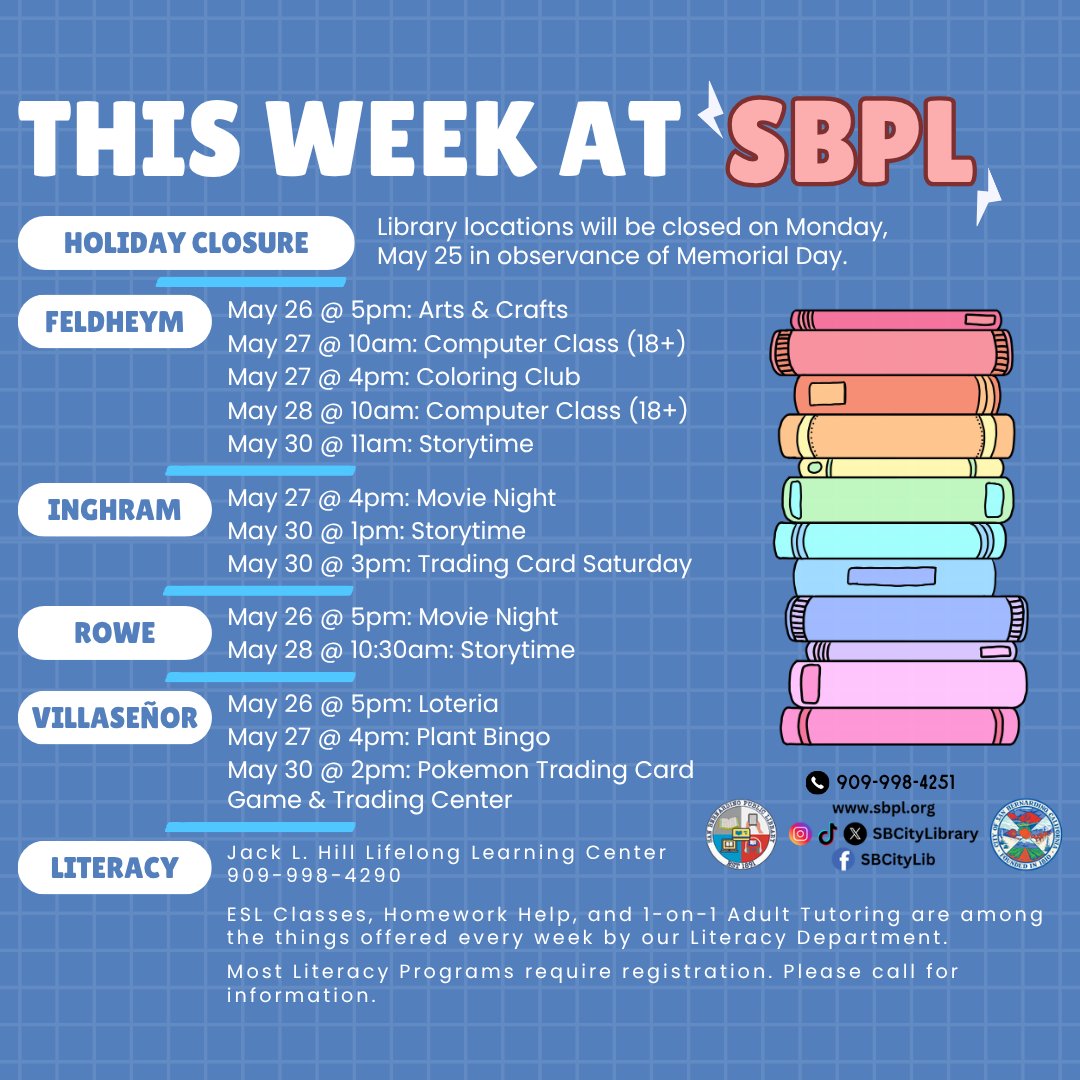 SBCityLibrary's tweet photo. Ready for the end of May? Wrap the month up with us at the library. Take a look at the upcoming programs and plan your week with us. #SBPL #Library #SanBernardino #InlandEmpire #WeeklySchedule https://t.co/ouvZAinNTM