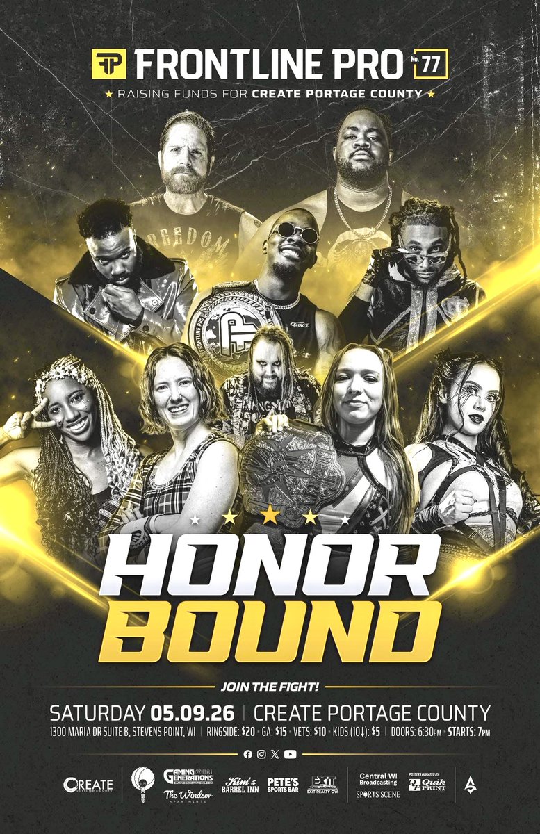 FrontlineProWI's tweet photo. 💥TONIGHT💥
It’s our final event before summer break and it’s the big one!
#FrontlinePro #HonorBound
📍 CREATE Portage County | STEVENS POINT, WI
🚪 6:30PM | 🛎️ 7PM
🎟️ Available at the door
Ringside $20 / GA $15 / Military Vets $10 / Kids $5 https://t.co/cTr3O17pWB