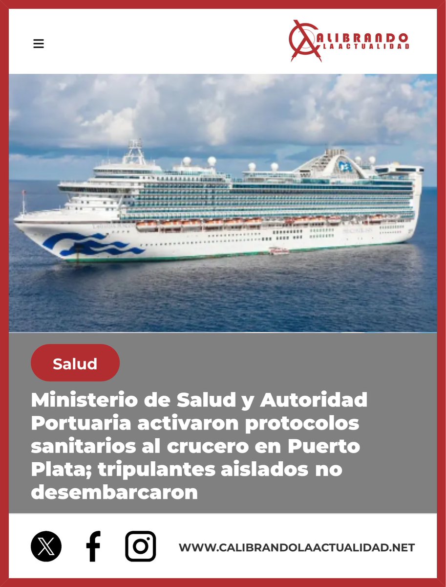 Ministerio de Salud y Autoridad Portuaria activaron protocolos sanitarios al crucero en Puerto Plata; tripulantes aislados no desembarcaron calibrandolaactualidad.net/noticias/CA/Mi… #calibrandolaactualidad

<a href="/vicatallah/">Victor Atallah</a> <a href="/SaludPublicaRD/">Salud Pública RD</a> <a href="/PresidenciaRD/">Presidencia de la República Dominicana</a> <a href="/Comunicaciondo/">ComunicacionesDO</a>