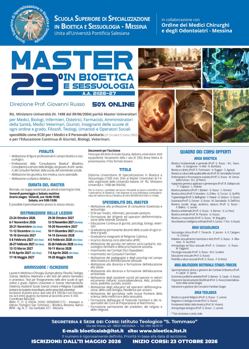 bioeticalab's tweet photo. 29° MASTER IN BIOETICA E SESSUOLOGIA. Un corso di alta formazione, qualificato da quasi 30 anni di esperienza. https://t.co/JBFc1pSJko