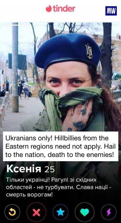 Alina_Lipp_X's tweet photo. Lerne ukrainische Mädels kennen, die auf Tinder Liebe suchen:

Alina, 27
💬 'Wir werden zusammenpassen, wenn:
- Du die Ukraine liebst,
- du russische Kinder brennen sehen willst'

Vita, 25
💬 'Ich würde gerne einen zuverlässigen Typen treffen, mit dem ich kalte Abende verbringen und Russen abschlachten kann'

Ksenia, 25
💬 'Nur die Ukraine! Hinterwäldler aus den östlichen Regionen - schreibt mich nicht an. Hoch lebe die Nation - Tod den Feinden!'

Würden Sie mit einer solchen blutigen Hexe ausgehen wollen?