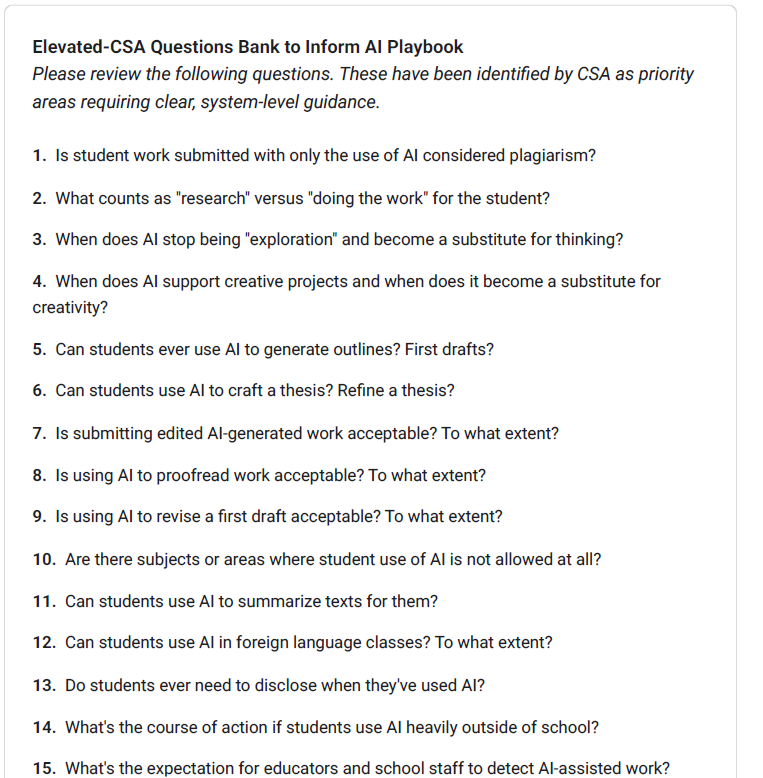 leoniehaimson's tweet photo. NYC principal/admin union @followCSA has 33 great questions about AI use that were not addressed in DOE guidance, including "will parents ever be able to opt out of AI use". They're asking members for more questions.  Teachers say they're disappointed @uft hasn't done the same. https://t.co/XmTmYxnqU8
