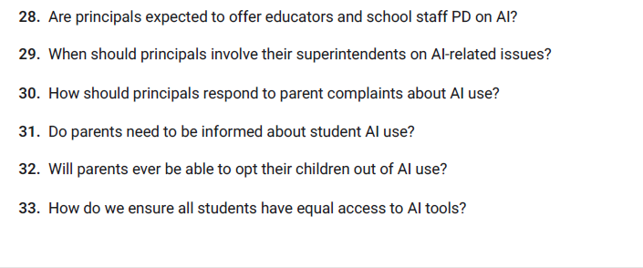 leoniehaimson's tweet photo. NYC principal/admin union @followCSA has 33 great questions about AI use that were not addressed in DOE guidance, including "will parents ever be able to opt out of AI use". They're asking members for more questions.  Teachers say they're disappointed @uft hasn't done the same. https://t.co/XmTmYxnqU8