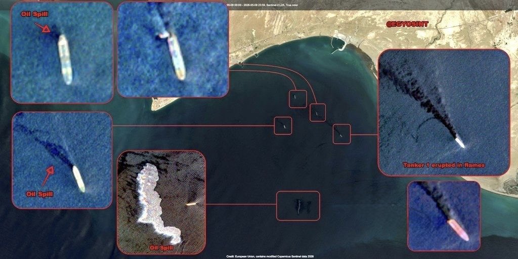 Satellite images reveal that four Iranian oil tankers have been hit and disabled by the US and are now lying, some burning, in Jasek Bay in southern Iran - close to the site of the US blockade.

Some of them are leaking oil into the sea.