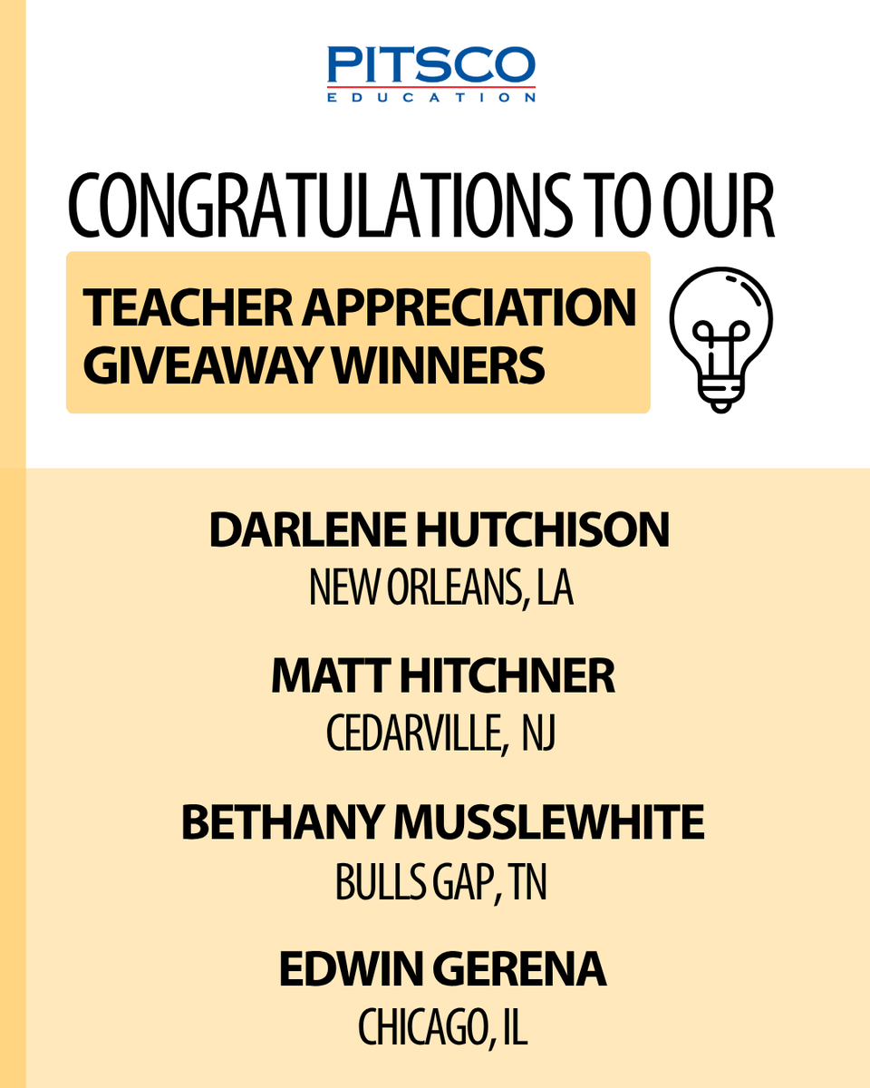 pitscoed's tweet photo. Our Teacher Appreciation Giveaway winners have been selected. 💡✨

Thank you to every teacher who entered, and to all educators who bring energy, creativity, and inspiration to classrooms. The future is brighter because of you.

#PoweredByTeachers #TeacherAppreciationWeek https://t.co/svtQW7JYRc