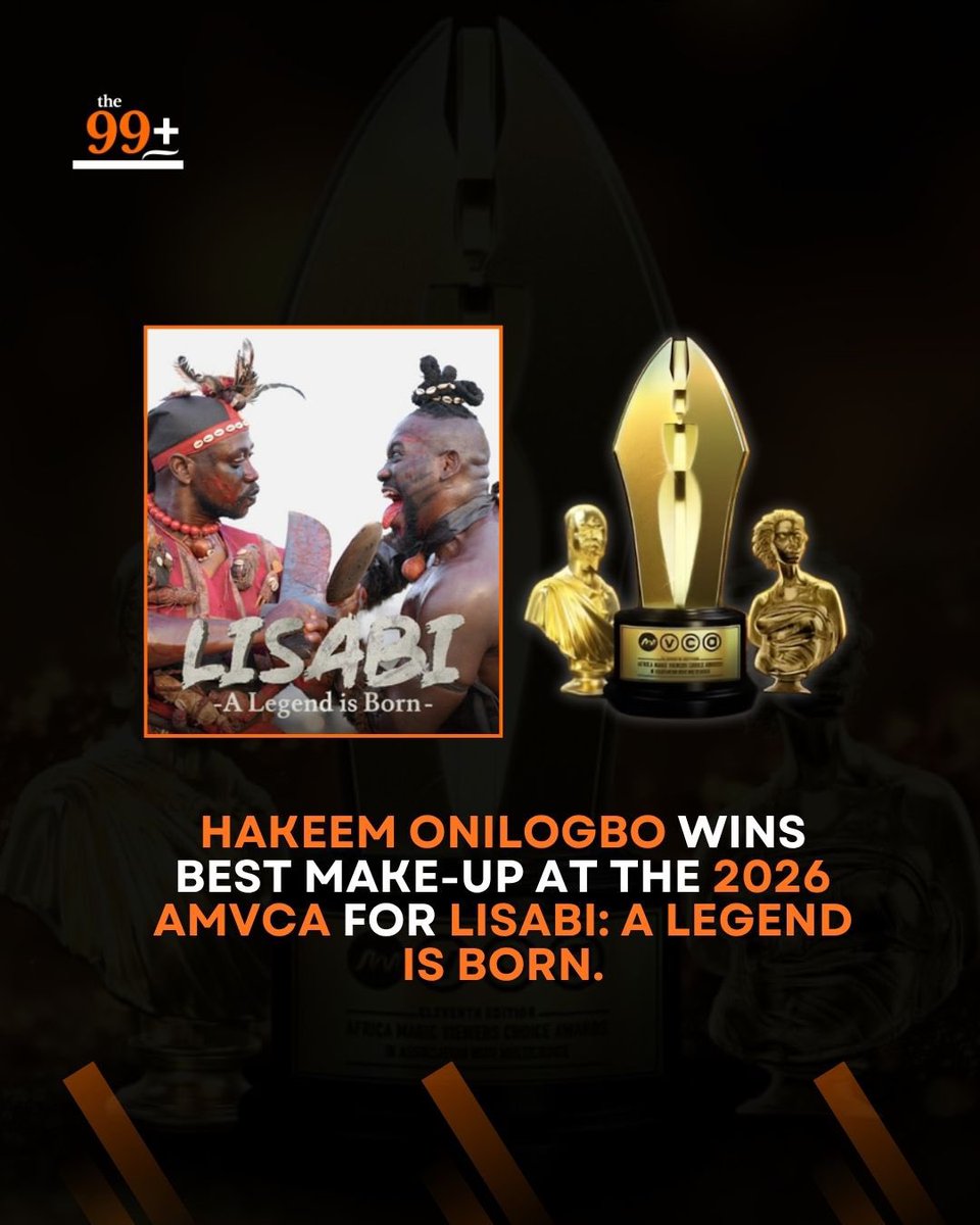 99Pluz's tweet photo. Hakeem Onilogbo, popularly known as Hakeem Effect, has won Best Make-Up at the 2026 AMVCA for his work on Lisabi: A Legend Is Born.
#99Pluzupdates #hakeemeffect #amvca12 #amvca2026 #amvca https://t.co/ogJ0X37nIK