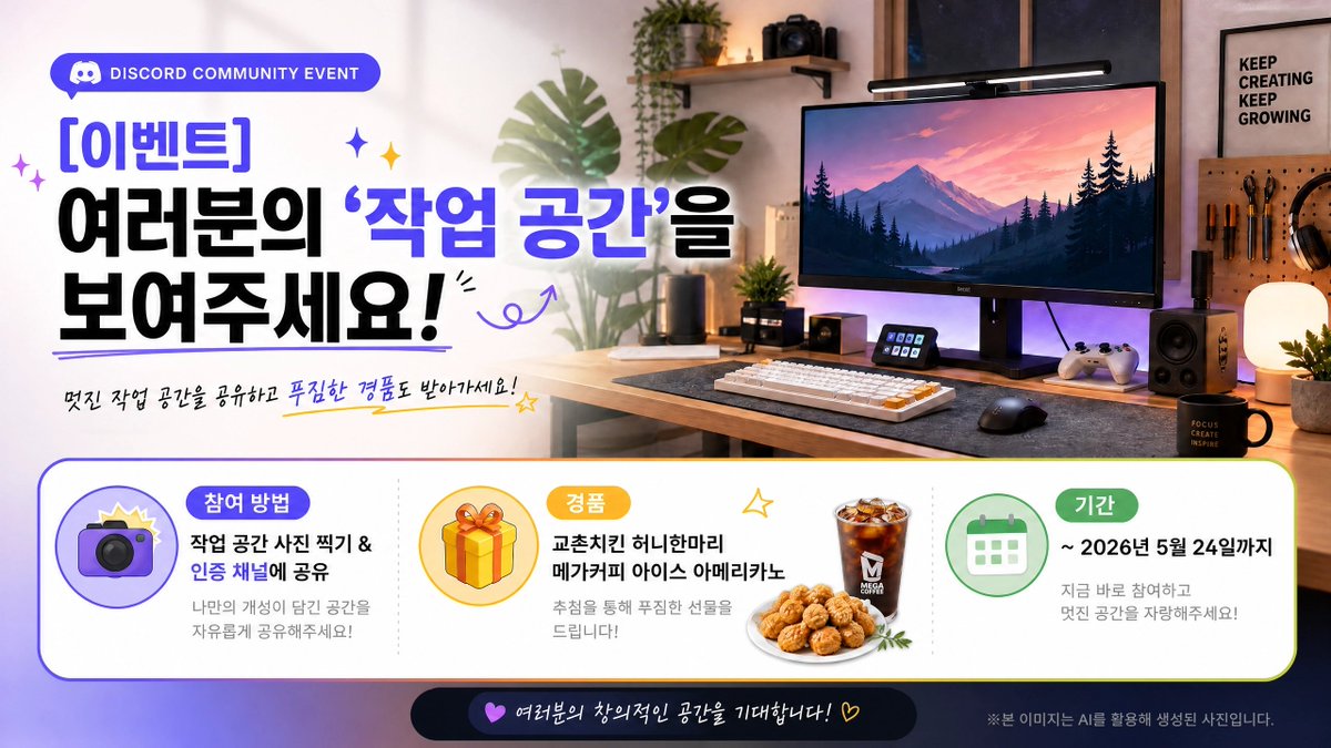 connecspace's tweet photo. [이벤트] 창작자의 '작업공간'을 보여주세요! 🛠️✨

커넥스페이스가 ���러분을 위한 새로운 공간을 준비하고 있습니다. 본격적인 변화에 앞서, 여러분의 작업 공간을 먼저 자랑해 주세요! 치킨과 커피, 깜짝 소식이 기다립니다. 🎁

📍 참여: 작업 공간 사진 + 디스코드 인증
📅 기간: ~ 5/24(일)까지 
🎁 경품: 교촌치킨(1명), 메가커피(3명)

👇 참여 방법 및 상세 내용은 타래 확인!

#커넥스페이스 #창작자 #편집자 #썸네일러 #일러레 #디자이너 #리깅러 #모델러 #믹싱러 #녹음러 #스트리머 #프로그래머 #개발자 #작곡가
