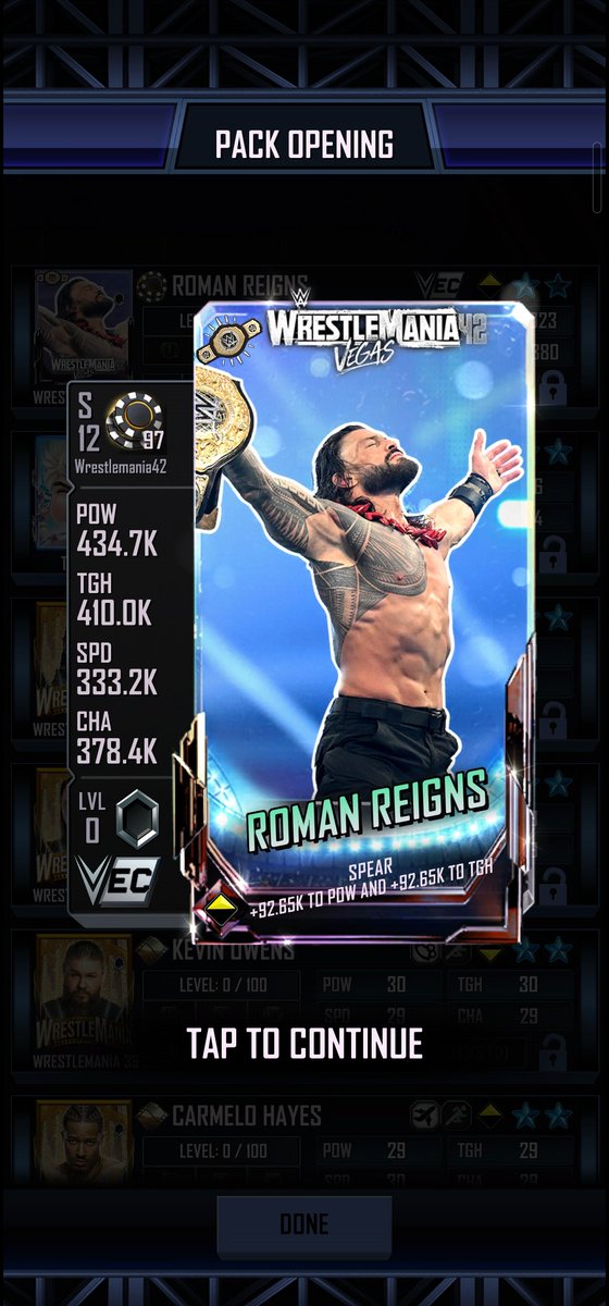 TylerTitanspear's tweet photo. Just got an F1 Wrestlemania42 Roman Reigns Wooo #WweSupercard https://t.co/gIpCrCAFYO