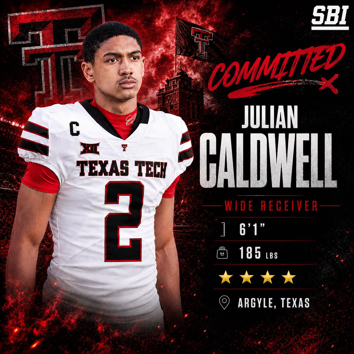 NEWS: ⭐️⭐️⭐️⭐️ WR Julian Caldwell has committed to Texas Tech 🔴⚫️

The No. 59 overall recruit in the Class of 2027, per ESPN.

<a href="/COACHJUICE_/">Justin Johnson</a> has another STUD incoming 🔥🔥🔥