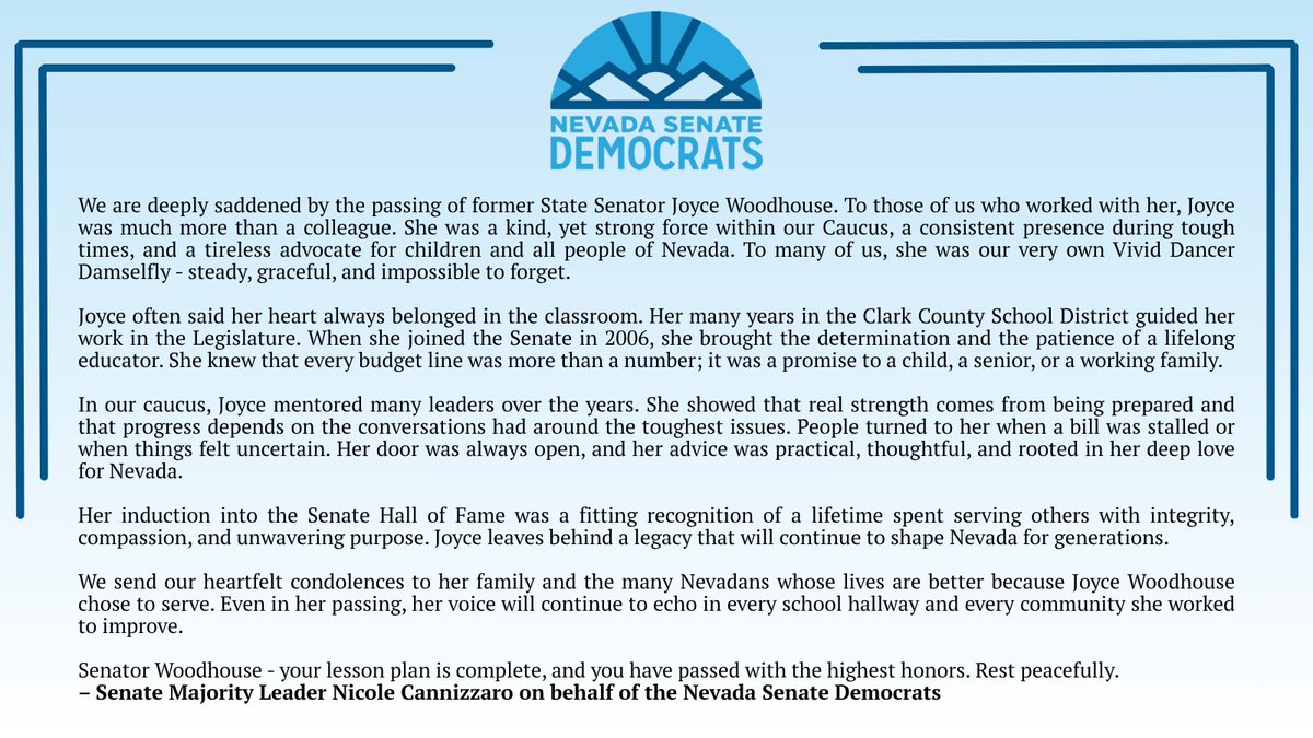 NVSenateDems's tweet photo. Majority Leader @Nicole4Nevada on the passing of Senator Joyce Woodhouse: https://t.co/0R9Y5IUhY5