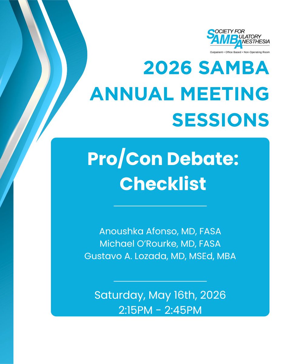 sambahq's tweet photo. The countdown is coming ticking down for the 2026 SAMBA Annual Meeting, don't miss the Pro/Con Debate: Checklist with Drs. Anoushka Afonso, Michael O'Rourke, and Gustavo Lozada. 🎉 ⏳ https://t.co/hWJbcqAzck