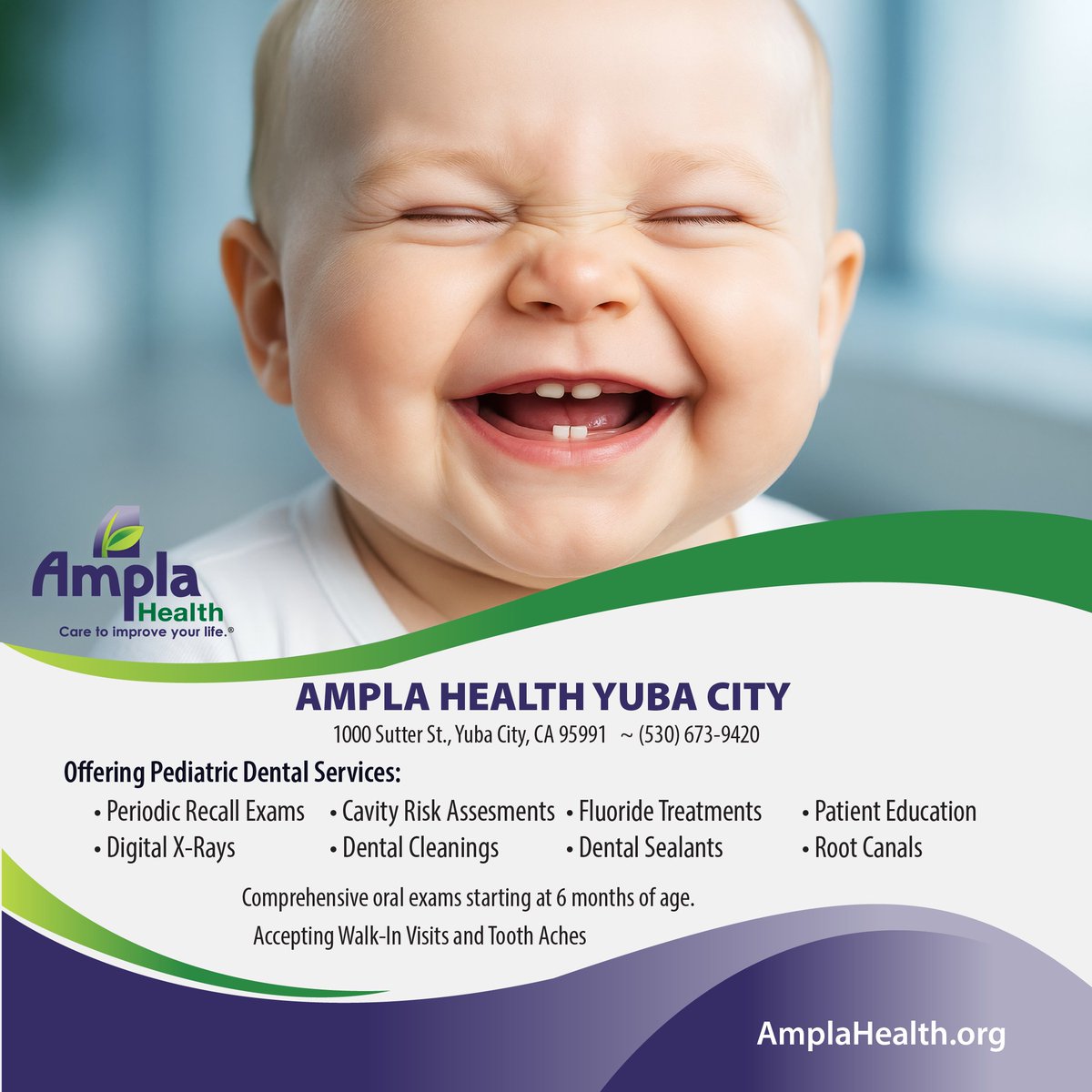 Ampla Health Yuba City now offers comprehensive pediatric dental services for children starting at 6 months of age. We also accept walk-in and toothache visits. For more information, please visit: amplahealth.org/health-centers…