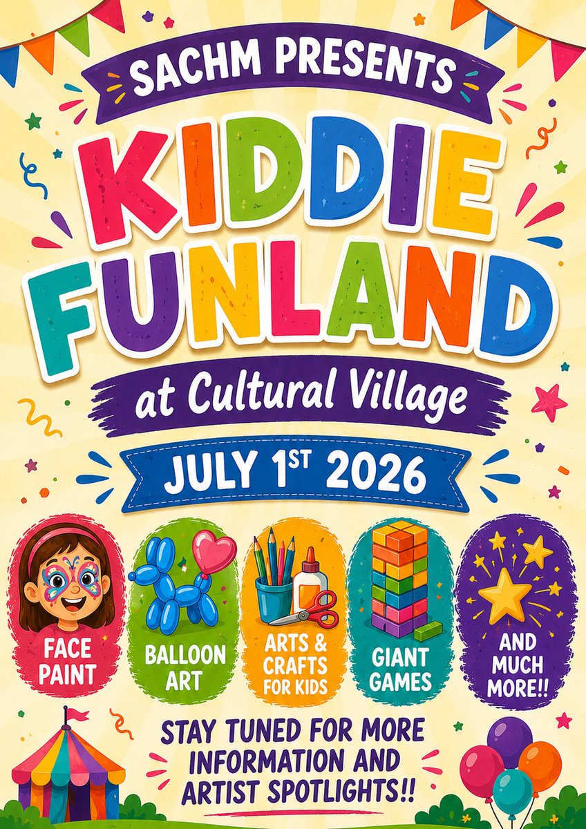 SACHMSK's tweet photo. SACHM is excited to announce Cultural Village in Wascana Park July 1st, 2026! This year, join us as well for Kiddie Funland! Stay tuned over the coming weeks for announcements on performers, sponsors and details about this family, fun-filled event! https://t.co/Fbbj1RLker