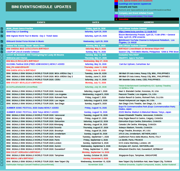 MichaelGClement's tweet photo. Updated schedule of #BINI l @BINI_ph as of 5/10/2026
This Week's Events:
🗓️TODAY!: ASAP XP Live at Araneta Coliseum
🗓️May 12: LUCKY 88 Meriend8: BINI Thanksgiving for Lucky 88 Blooms
BINI ASAP XP ENERGY
#BINIElevatesASAPXPrience #BINIBackOnASAP https://t.co/ompLjJfCc9
