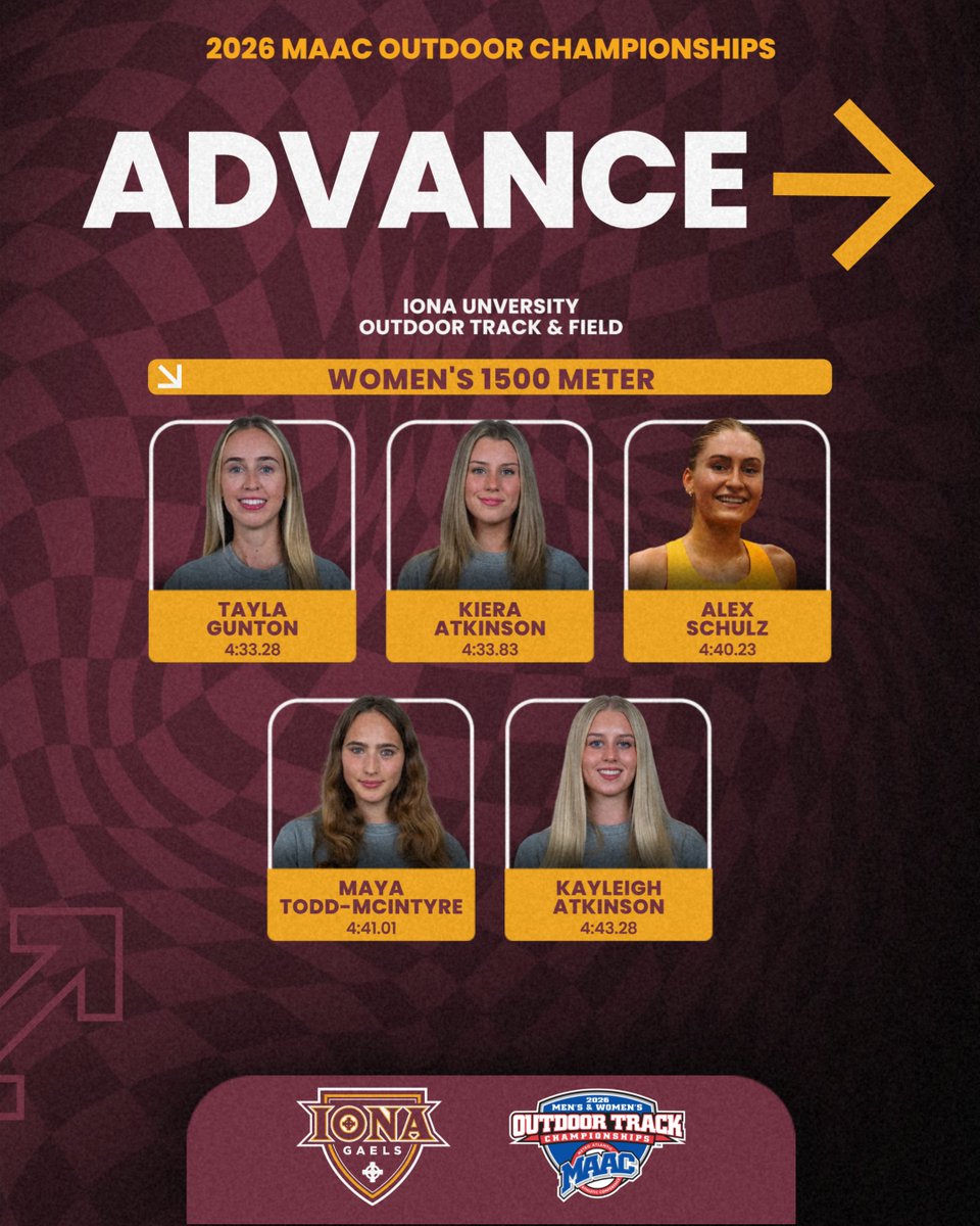 IonaXCTF's tweet photo. The Gaels are heading to the finals π
Seven women qualified for Sundayβs MAAC Outdoor Track & Field Championship finals in the 800m and 1,500m!
#GaelNation #MAACTF https://t.co/vXVhJF7Qx4