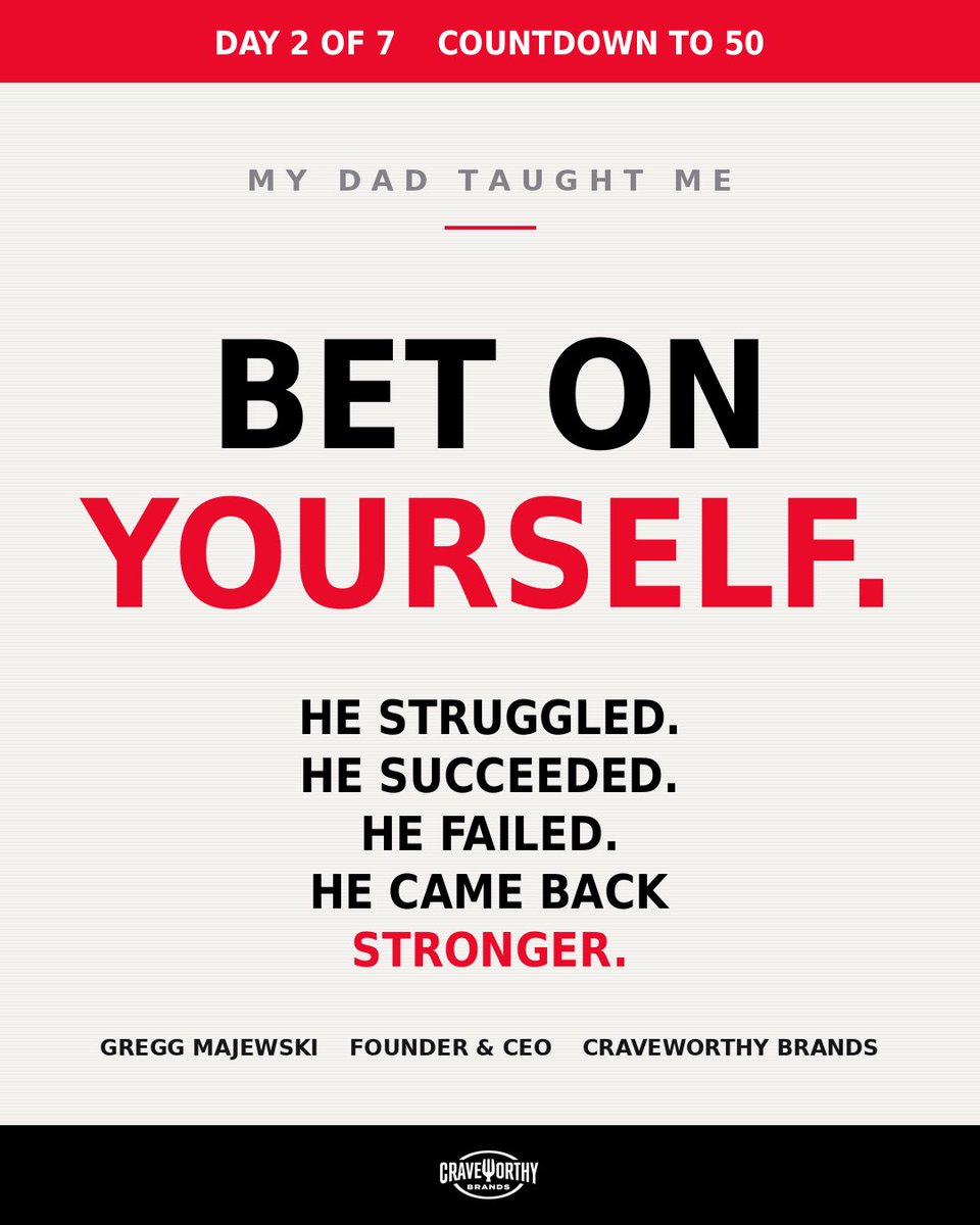 Gregg_Majewski's tweet photo. Six days until I turn 50.

Today's lesson goes back to the man who installed every value I have. My dad. Russ Majewski.

Dad is an entrepreneur. He bet on himself and built Krisdee. A manufacturing company that makes parts to a tolerance of .0001 of an inch. He's been holding that standard for nearly 60 years. Longer than I've been alive.

The part that built me wasn't the precision. It was the gamble.
He could have stayed safe. Collected a check. Instead he bet on himself. I watched him struggle. I watched him succeed. I watched him fail. Every single time, he came back stronger.
That's what installed in me. Bet on yourself. Failure isn't the end. It's the tuition you pay to come back better.

He worked long hours. But Friday pizza night, he was home. Every time. I do it with my boys today because of him.
Here's the part I'll be honest about. Dad was hard on me. Really hard. There were years I questioned why. Why the bar kept moving. Why nothing was ever quite enough.

Now I see it. He wasn't pushing me to be hard on me. He was pushing me to be the best version of me. He saw what I could become before I did. The push was the gift. I just couldn't see it at the time.

Craveworthy exists because of him. The 22 brands. The 100,000 Restaurant Success Stories. None of it without him.
I built Craveworthy the way I did because I watched my dad bet on himself, and because I know what it feels like to be pushed by someone who refuses to let you settle. We back operators ready to make that same bet on themselves. We don't walk away when it gets hard because my dad never walked away when it got hard.

Thank you, Dad. I love you. None of this happens without you.

Tomorrow I write about the operators betting on themselves right now. 🔥