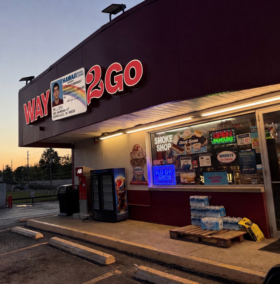 UberBtown's tweet photo. Convenience store by Eigenmann finally got a sign. Fixed it for them. #IYKYK https://t.co/zJqxcHQmnl
