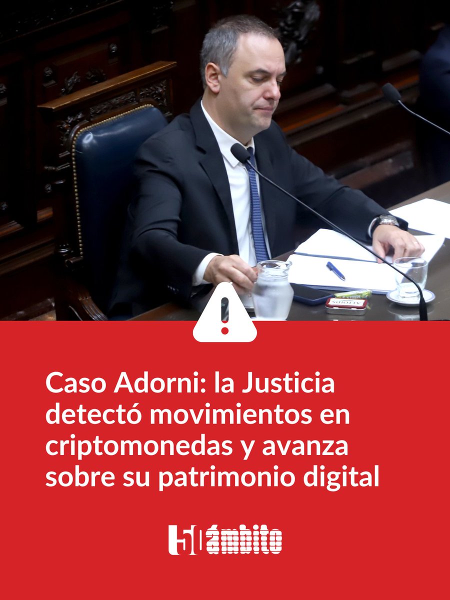 Ambitocom's tweet photo. LA JUSTICIA DETECTÓ MOVIMIENTOS CON CRIPTOMONEDAS EN LA INVESTIGACIÓN POR PRESUNTO ENRIQUECIMIENTO ILÍCITO CONTRA ADORNI.

🔴El fiscal Gerardo Pollicita recibió los primeros informes de plataformas virtuales que confirman transacciones del jefe de Gabinete. Los montos relevados son inferiores a los flujos en efectivo ya documentados, pero los investigadores no descartan que sean la punta de un iceberg mayor y evalúan ordenar estudios de trazabilidad.

Entrá a la nota: https://t.co/klJ39Z97Mf