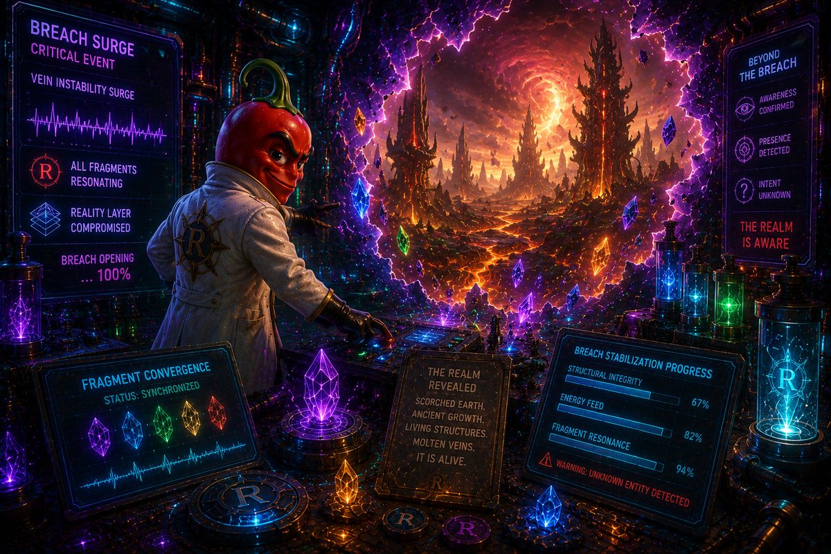 ReaperMan78's tweet photo. Reaper spent cycles reinforcing the breach—feeding it controlled energy through crafted relics, experimental recipes, and unstable resonance fragments.

Every interaction widened the tear slightly. Every surge stabilised it further.

But with each expansion, one truth became impossible to ignore: The realm was not empty.

Something moved beyond the veil. Not watching. Not waiting. Aware. 🌶️🔥

#reaperproject #infernalharvest #solana #crypto2026