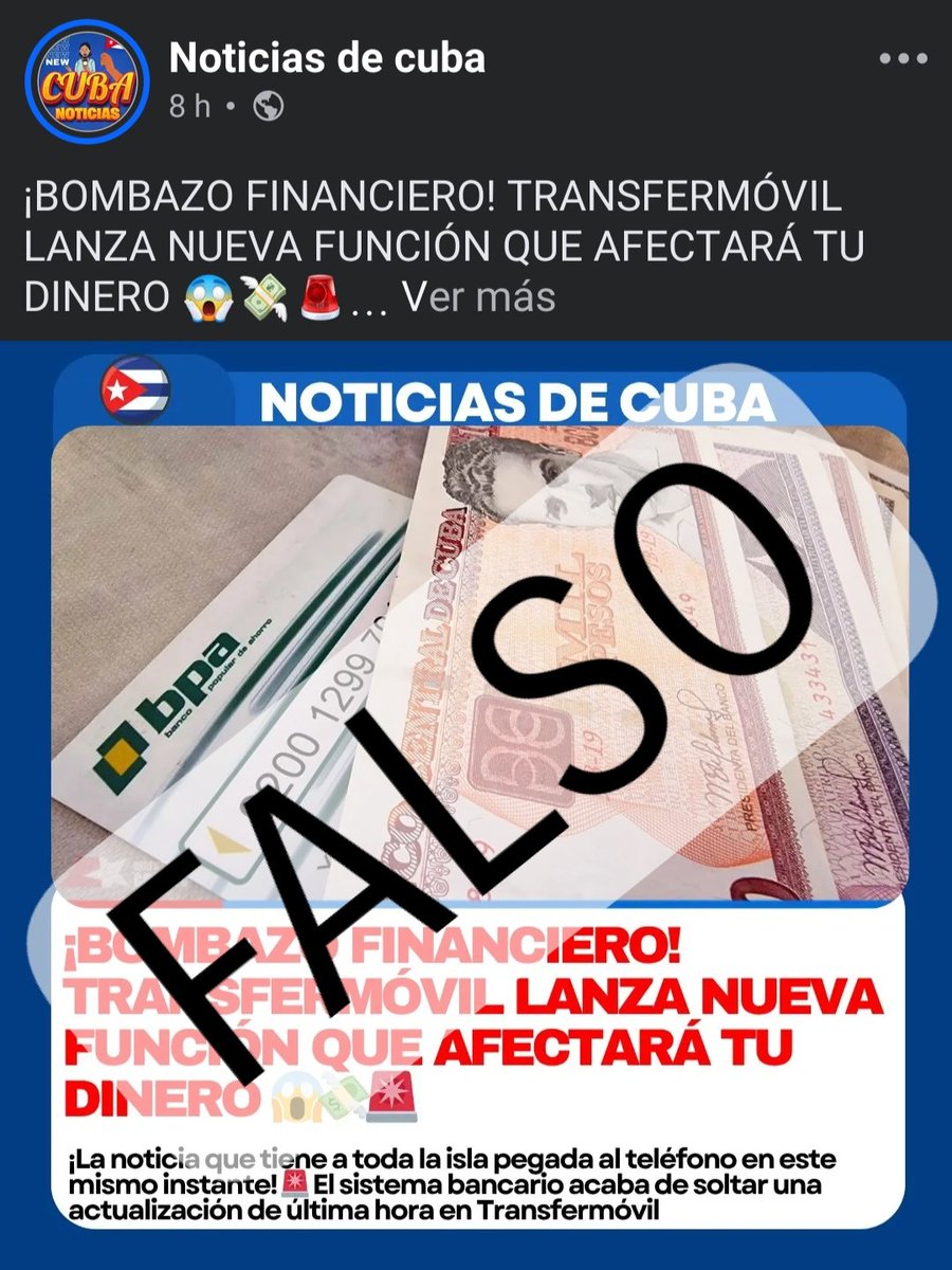 TransfermovilS's tweet photo. 🚨 ATENCIÓN COMUNIDAD 🚨
El sitio Noticias de Cuba está circulando en sus perfiles una FALSA información sobre una nueva función de #Transfermóvil que supuestamente "Afecta" el dinero de sus usuarios.
❌️NO EXISTE tal función ni en viejas ni nuevas actualizaciones.
#NoticiaFalsa https://t.co/pxUk3Zi3dW