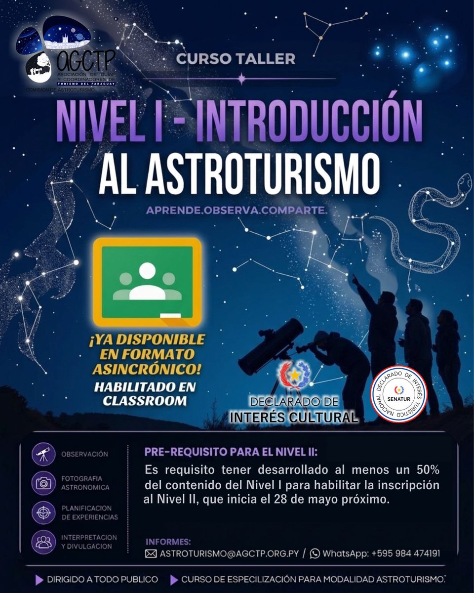 Agctpy's tweet photo. 🌌¡𝙀𝙎𝙋𝙀𝘾𝙄𝘼𝙇𝙄𝙕𝘼𝙏𝙀 𝑒𝓃 𝗔𝘀𝘁𝗿𝗼𝘁𝘂𝗿𝗶𝘀𝗺𝗼ⵑ🔭

🌟 𝐄𝐥 𝐩𝐫𝐨𝐠𝐫𝐚𝐦𝐚 𝐬𝐞 𝐝𝐞𝐬𝐚𝐫𝐫𝐨𝐥𝐥𝐚𝐫𝐚́ 𝐞𝐧 𝟑 𝐧𝐢𝐯𝐞𝐥𝐞𝐬 𝐝𝐞 𝐟𝐨𝐫𝐦𝐚𝐜𝐢𝐨́𝐧:

📩 𝙄𝙣𝙛𝙤𝙧𝙢𝙚𝙨 𝙚 𝙞𝙣𝙨𝙘𝙧𝙞𝙥𝙘𝙞𝙤𝙣𝙚𝙨:
astroturismo@agctp.org.py
📱 WhatsApp: +595 984 474191 https://t.co/V3byvv9VmO
