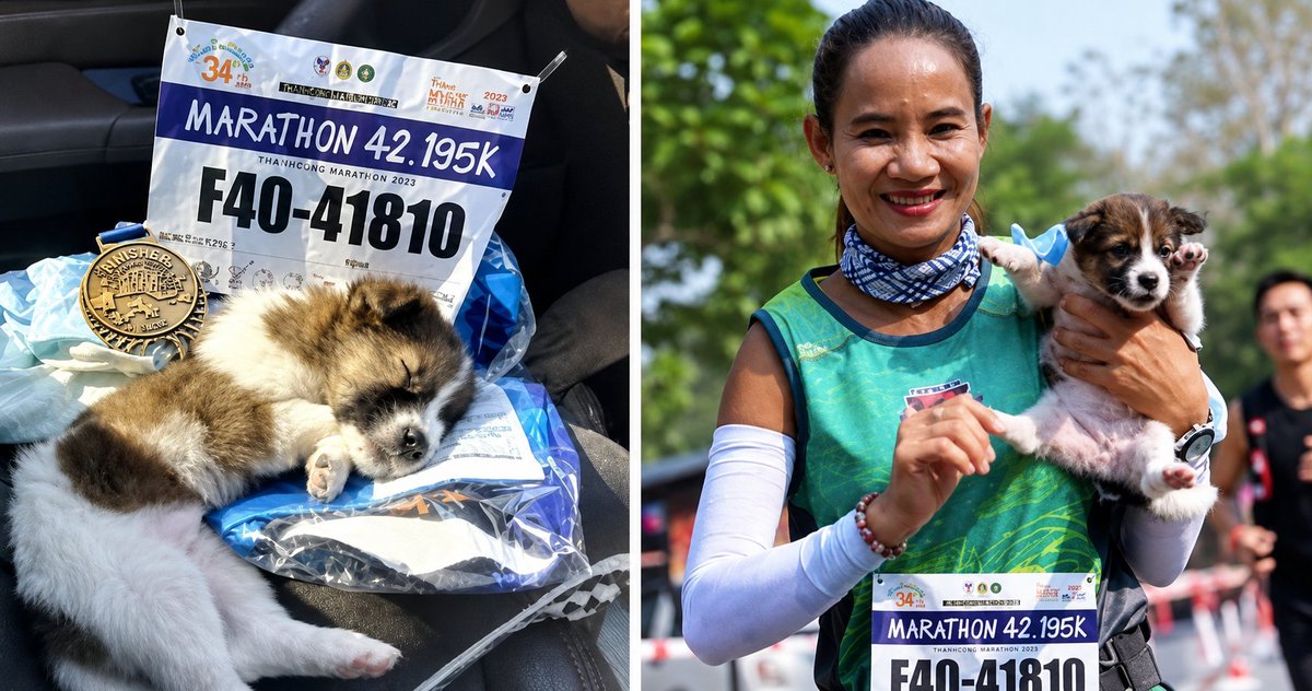 WolfofX's tweet photo. During a marathon, an abandoned puppy was found beside the road. Rather than leaving it behind, Khemjira Klongsanun carried it for the remaining 19 miles. 

She crossed the line with the pup in her arms, and adopted him after https://t.co/lzMSdBDoIQ