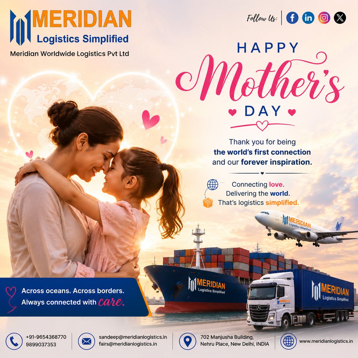 MeridianLogs's tweet photo. A motherβs love connects the world β€οΈ
This #MothersDay, we celebrate the strongest bond β beyond borders π
π’βοΈ Delivering love globally
#MeridianLogistics #LogisticsSimplified https://t.co/TcubjMJC90