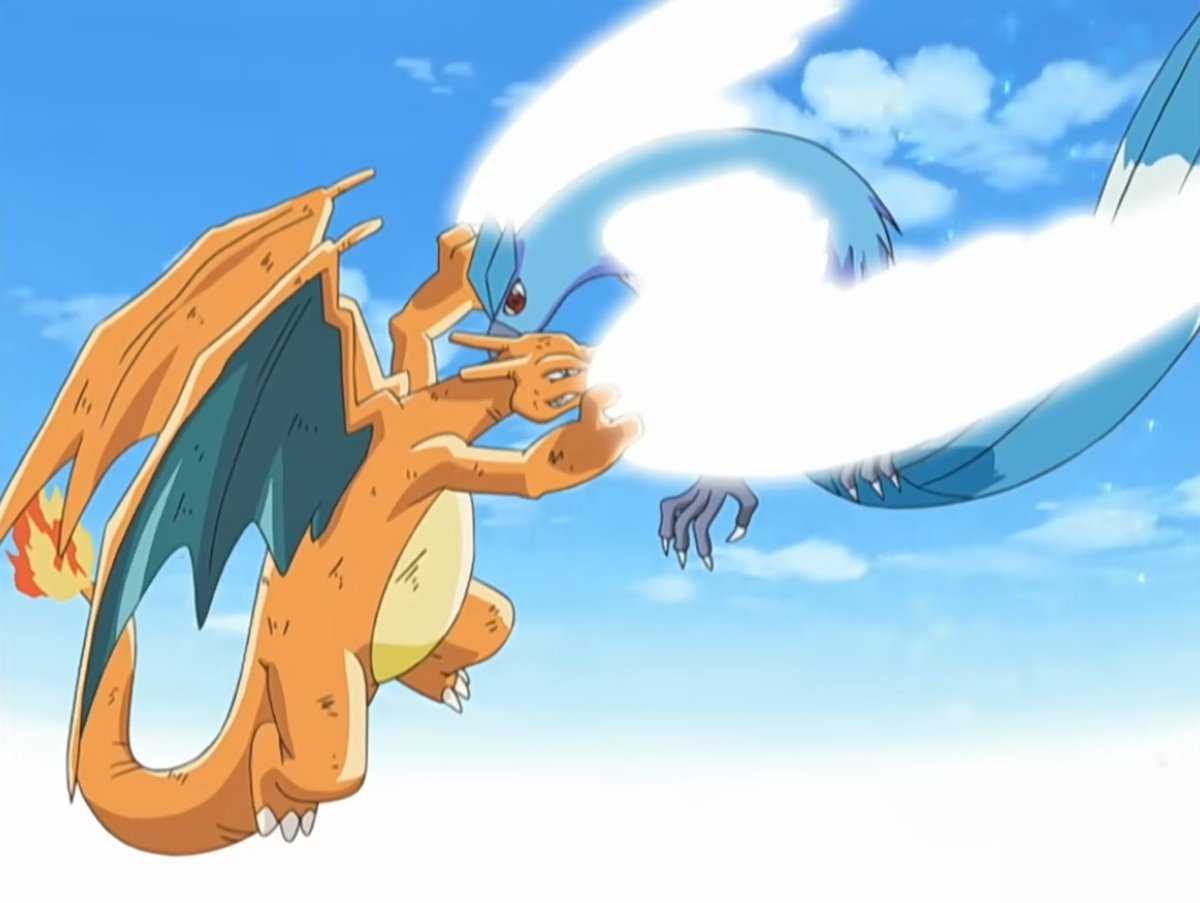 CyberCopRookie's tweet photo. [[ Glad they finally uploaded this episode. Also funny how they try to frame this as a massive uphill battle for Charizard and only barely winning despite the type advantage.

The anime really loved trying to make even weaker Legendaries overly powerful to an exaggerated degree. https://t.co/cmsi1x5NWC