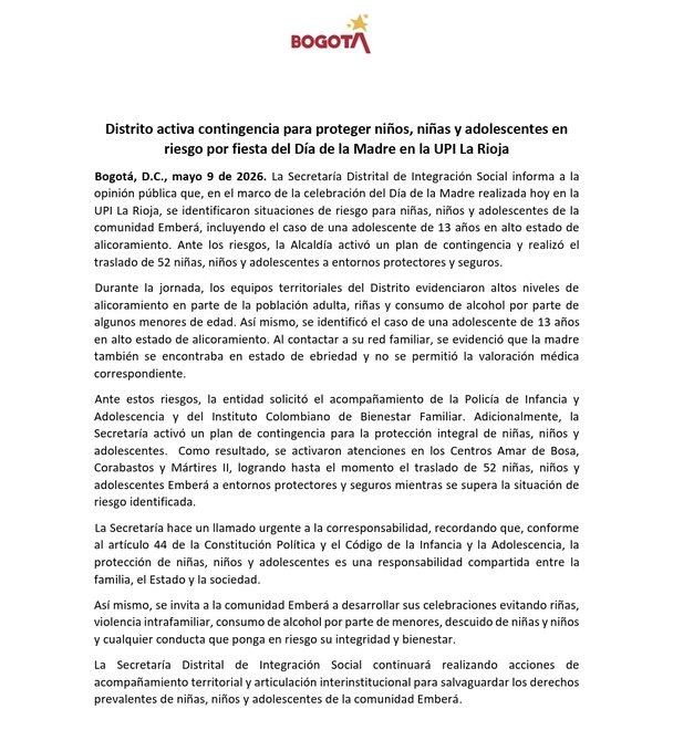La Alcaldía de Bogotá denunció que una menor de 13 años se encontraba en estado de alicoramiento en medio de las celebraciones del Día de la Madre de la comunidad embera en La Rioja. 

Informan desde la Secretaría de Integración que 52 niñas y niños tuvieron que ser llevados a un