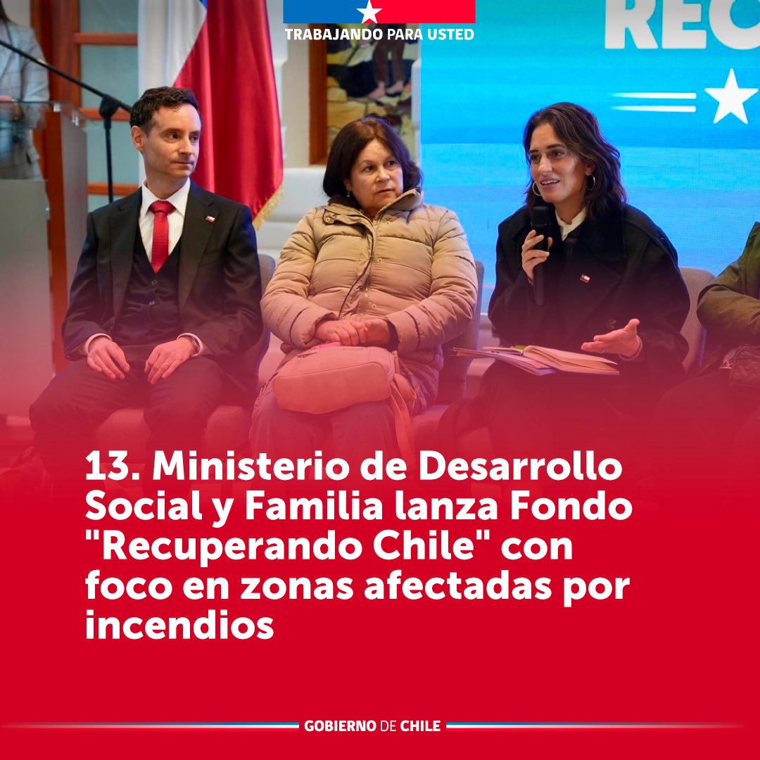 Resumen semanal 🇨🇱 #TrabajandoParaUsted 

1️⃣3️⃣ La ministra de Desarrollo Social y Familia, María Jesús Wulf, lanzó en Ñuble el Fondo Recuperando Chile, que ha financiado 1.000 proyectos por $18.200 millones, beneficiando a más de 240.000 personas. Este año se priorizarán las