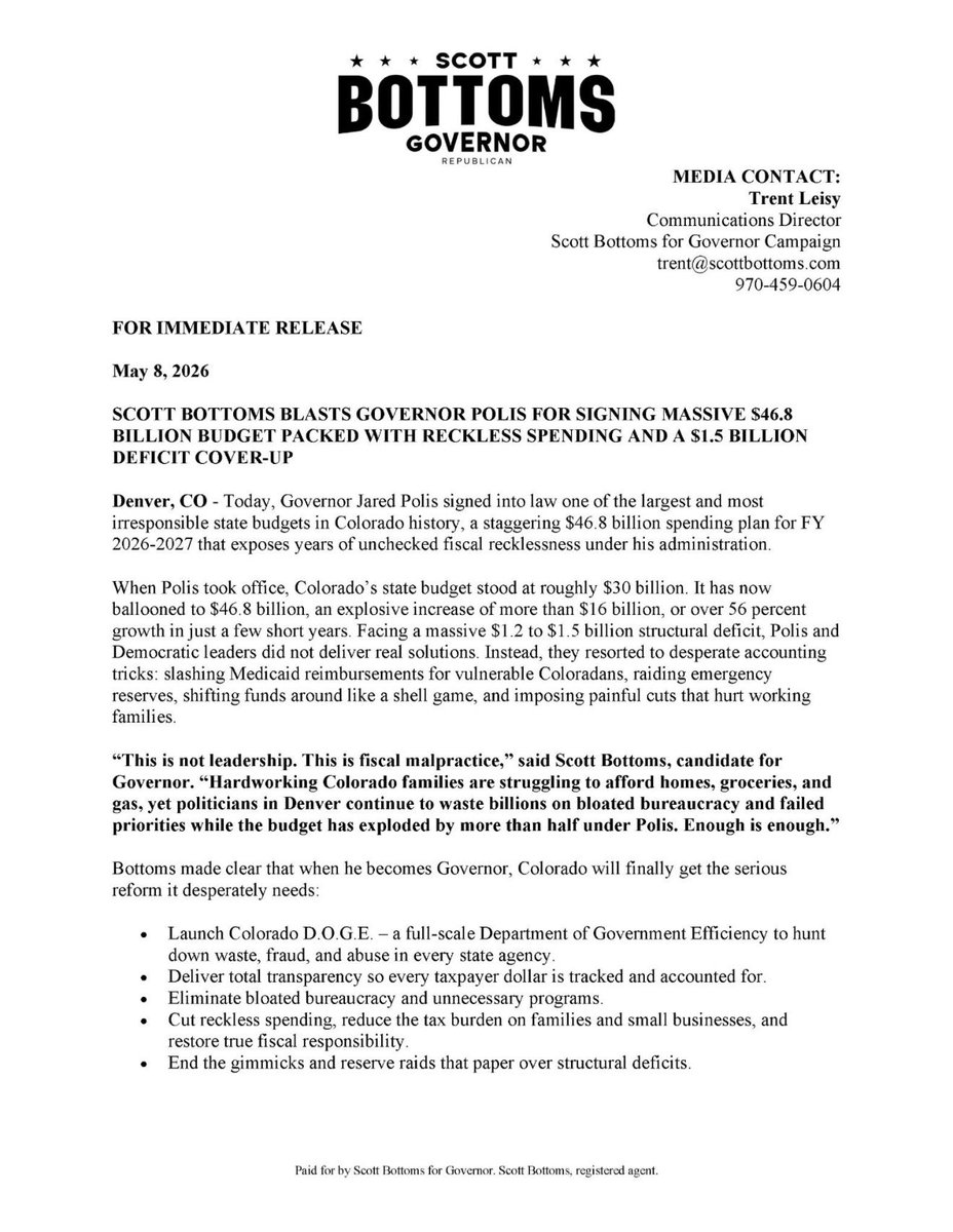 ScottBottomsCO's tweet photo. 🚨 Polis just signed Colorado’s $46.8B budget after lawmakers faced a $1.2B deficit and closed the gap with cuts, reduced reserves, and lower Medicaid spending. That is not fiscal responsibility. It is the result of years of reckless spending.

As Governor, I will launch Colorado D.O.G.E. to root out waste, cut bloated bureaucracy, and bring real transparency to every tax dollar spent.

No more gimmicks. No more shell games. It is time to Reclaim Colorado. #copolitics #ReclaimColorado