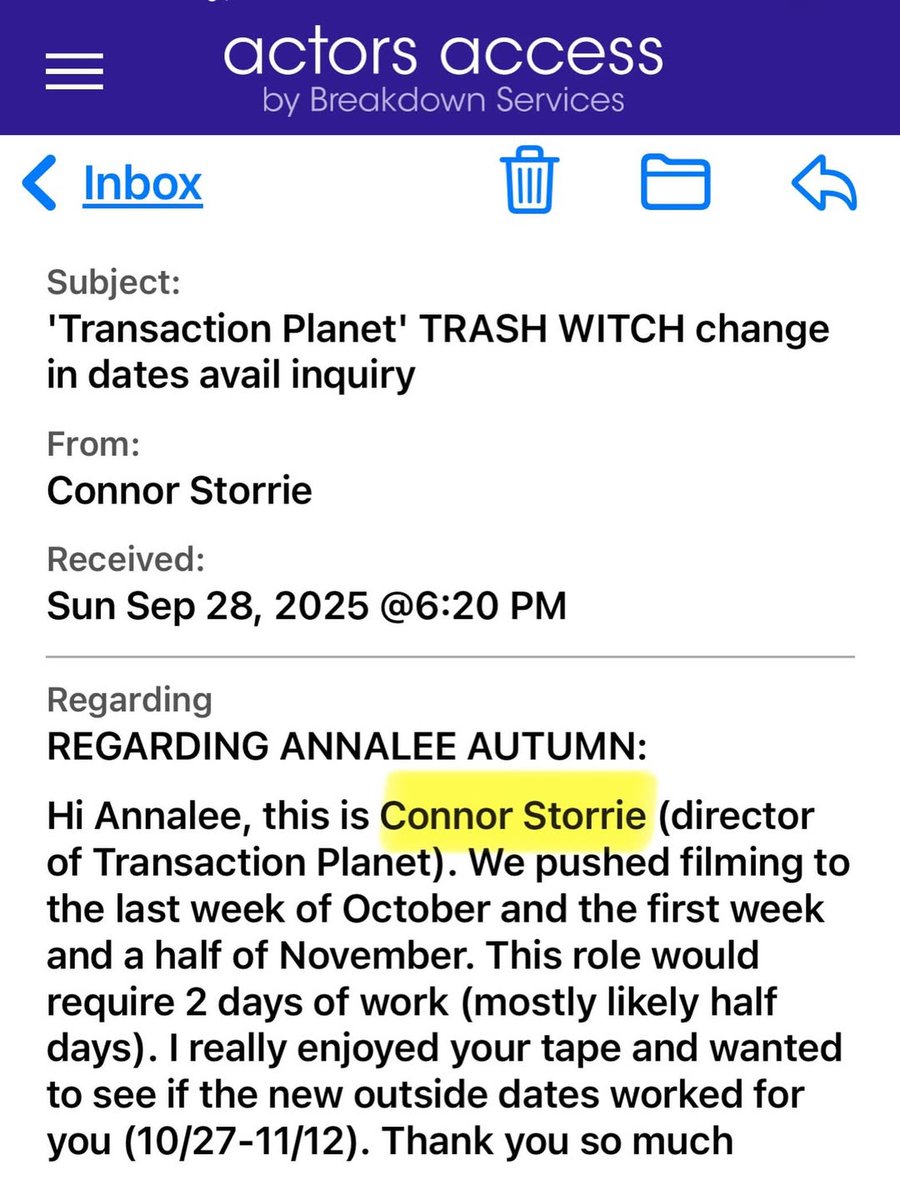 Actress Annalee Autumn shared an email she received from Connor when she auditioned for Transaction Planet. 🥹

📲 annaleeautumnactor via Instagram